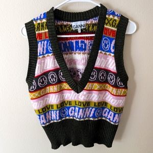 Ganni green and pink intarsia knit vest